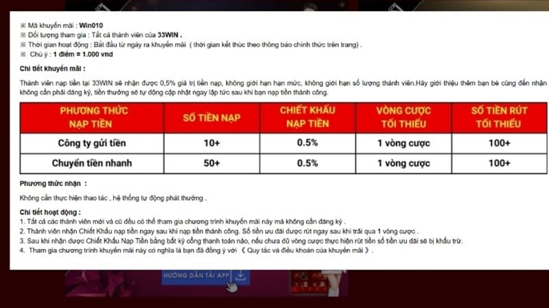 33win tặng thêm 0.5% cho mỗi lần nạp tiền không giới hạn